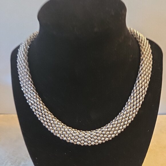 DSMK Stainless Steel Silver tone Thick Mesh Necklace Magnetic Closure Brutalist - Picture 3 of 9